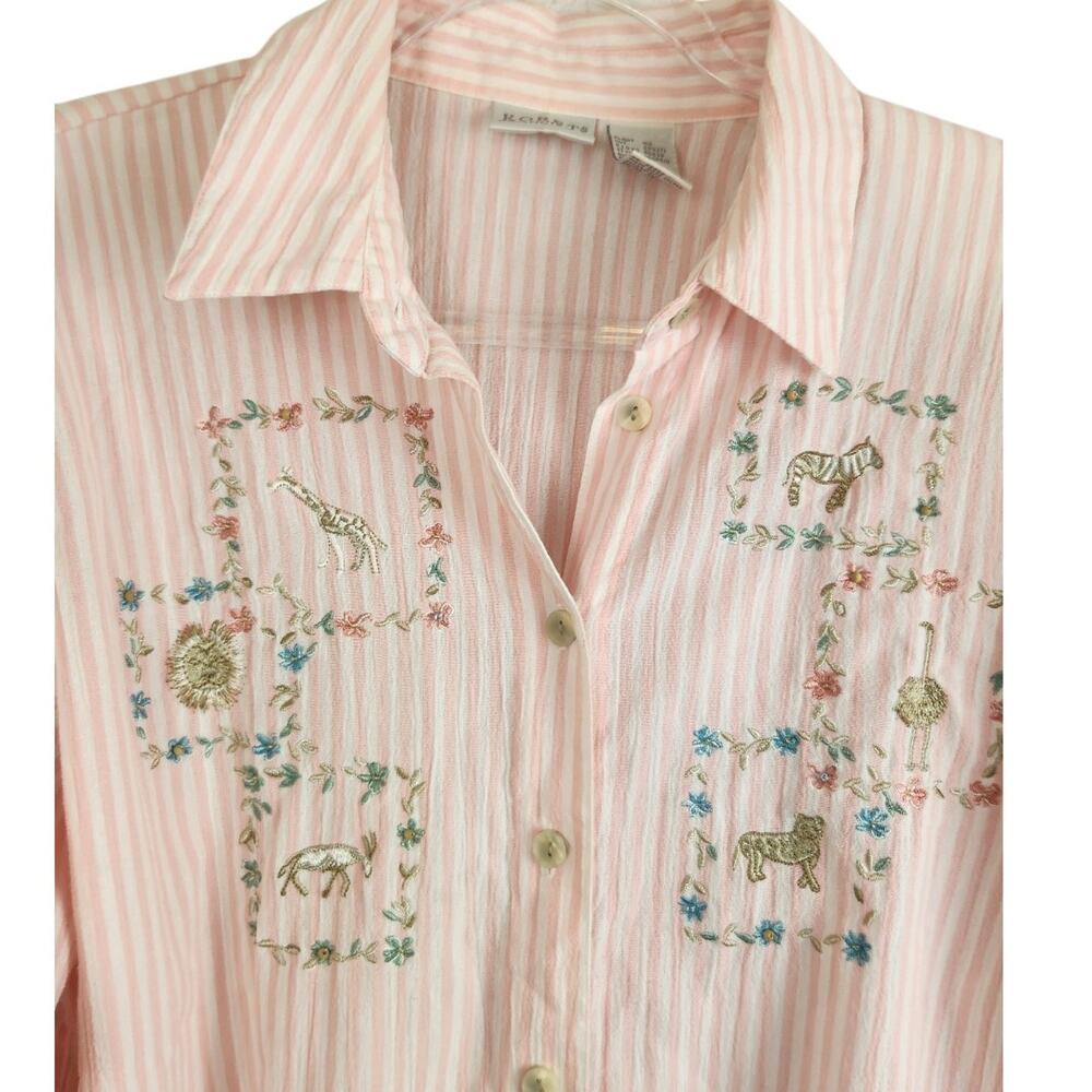 Vintage Pink Striped Button Front Embroidered Safari Animals Top Large - Picture 2 of 8
